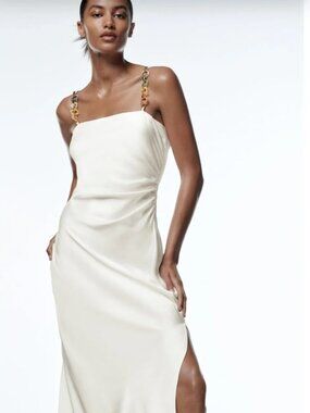 Zara Chain Strap Satin Effect Slip Dress in Oyster White